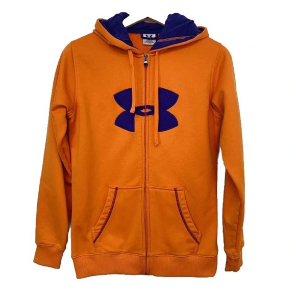 Under Armour Sweatshirt Woman Small Full Zip Hood Orange Purple Pockets Logo - Picture 1 of 12